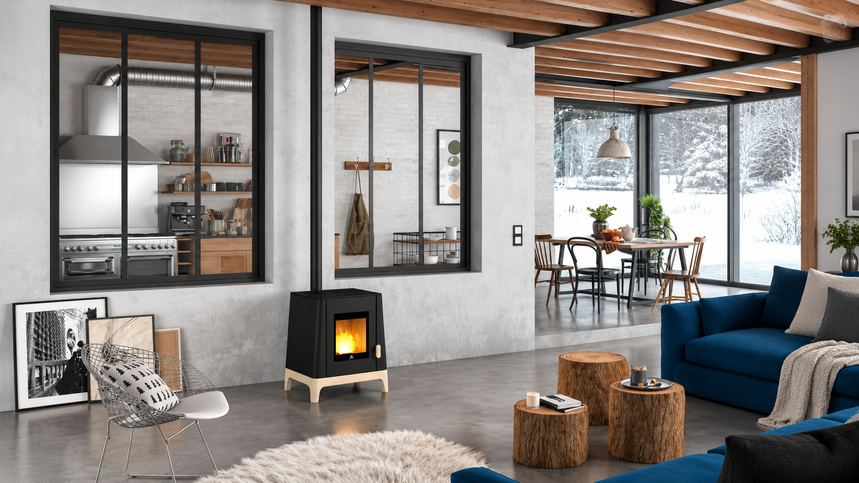 Modern open-plan living room featuring a freestanding wood-burning stove, industrial-style windows, exposed wood beams, and a bright dining area overlooking a snowy landscape.