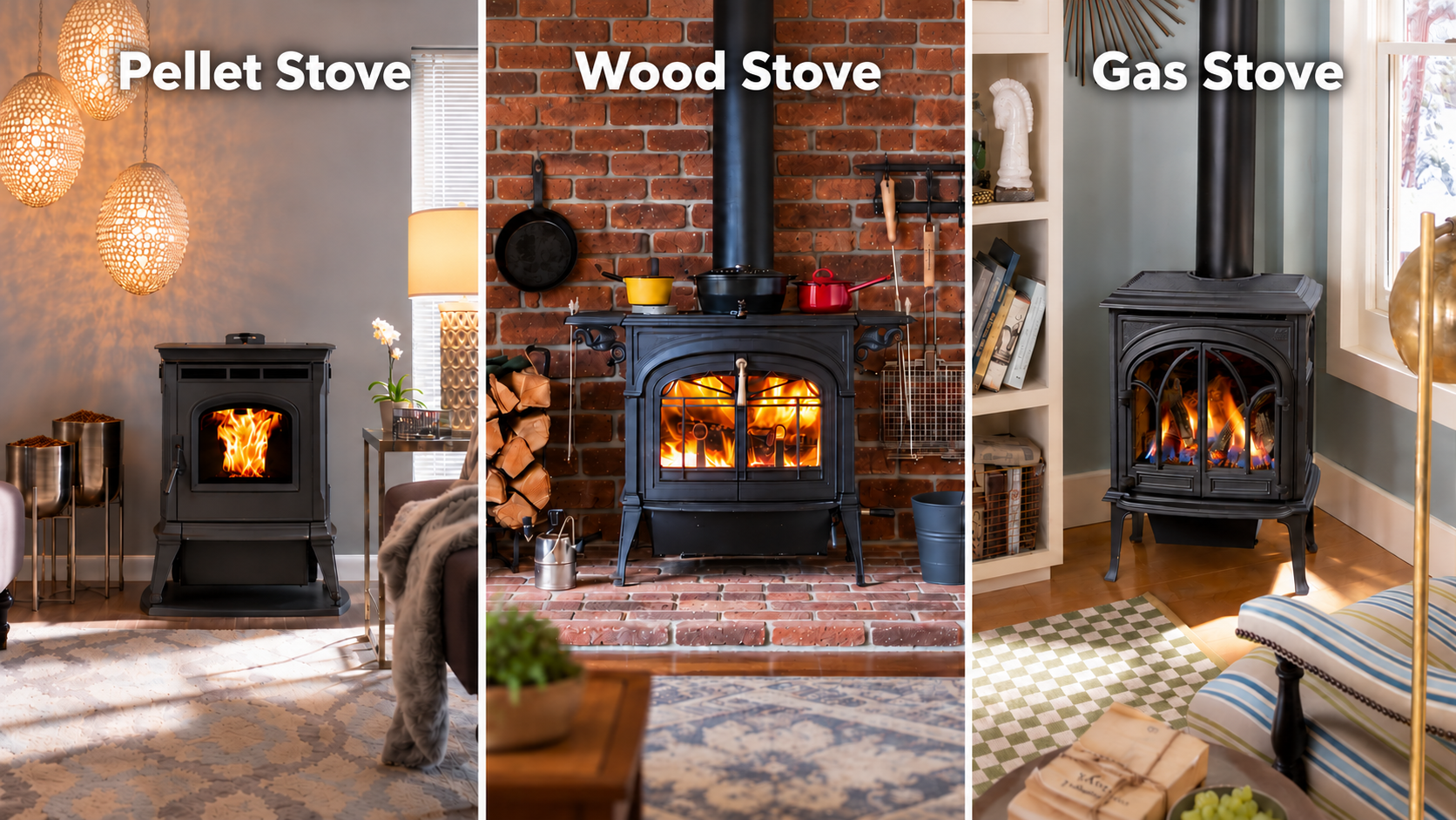 Side-by-side comparison of a pellet stove, wood-burning stove, and gas stove in three cozy home interiors.