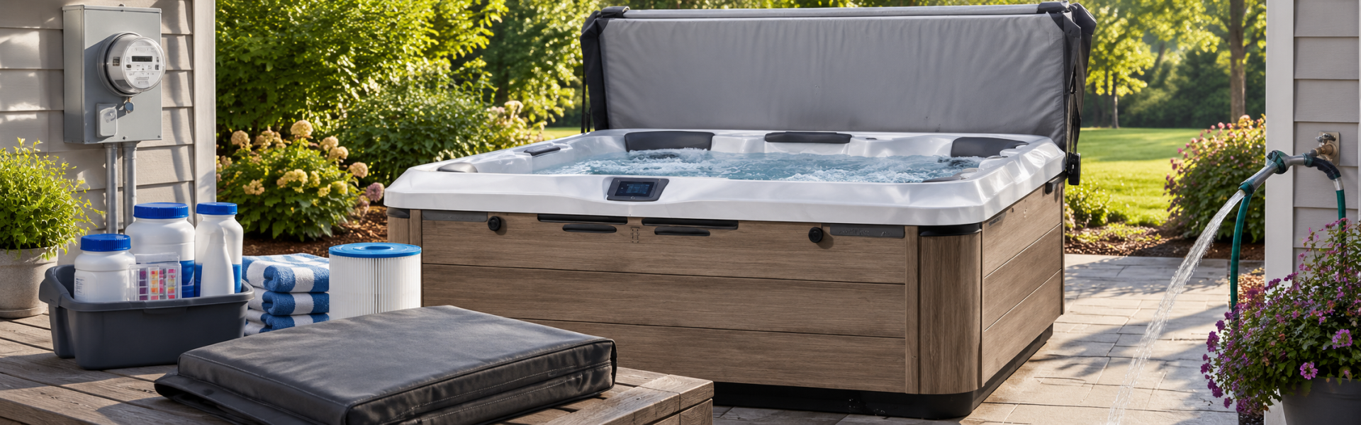 Modern outdoor hot tub with the cover open, surrounded by water care supplies, a replacement filter, folded towels, and a cover cushion, illustrating the essential components of hot tub ownership, maintenance, and operating costs in a landscaped backyard.