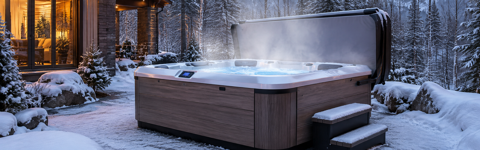 A well-insulated Bullfrog Spa hot tub with the cover partially open steams on a snowy New Hampshire patio beside a modern home, highlighting efficient heat retention and winter-ready performance in a forest setting.