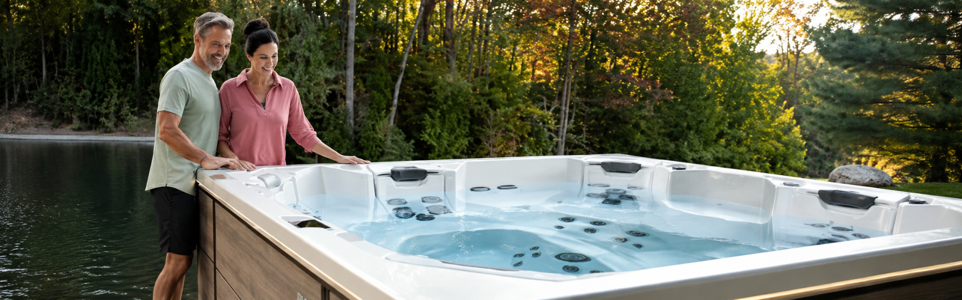 Couple standing beside a modern outdoor hot tub overlooking a peaceful New Hampshire lakeside setting, illustrating the comfort and year-round value of hot tub ownership in the Granite State. 