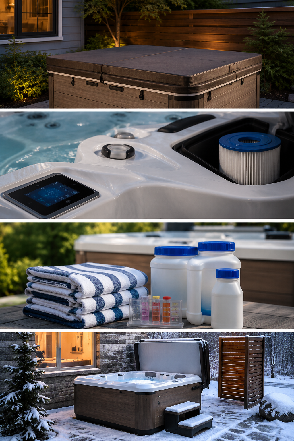 Vertical collage showing four practical ways to lower hot tub running costs: a well-fitted insulated spa cover, a clean filter and efficient control panel, balanced water care supplies with fresh towels, and a well-insulated Bullfrog Spa protected from winter wind by a privacy screen in a snowy backyard.
