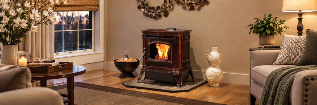 Freestanding pellet stove with a visible flame in a warm living room, positioned beside a bowl of wood pellets and decorative accents